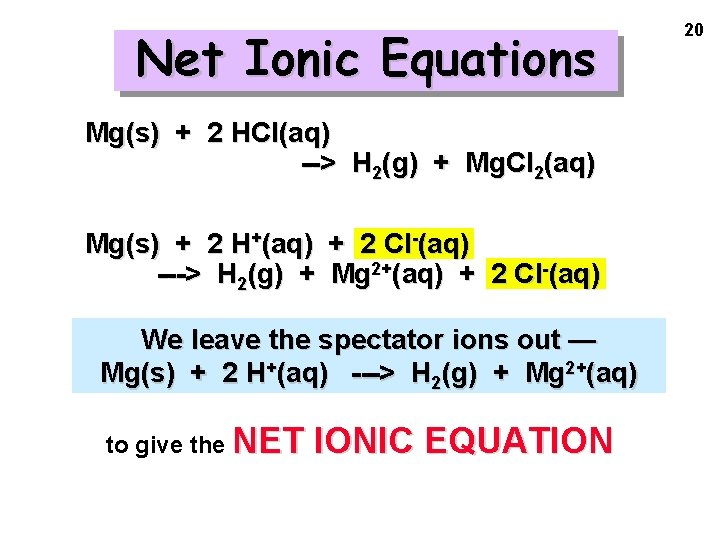 Net Ionic Equations Mg(s) + 2 HCl(aq) --> H 2(g) + Mg. Cl 2(aq)