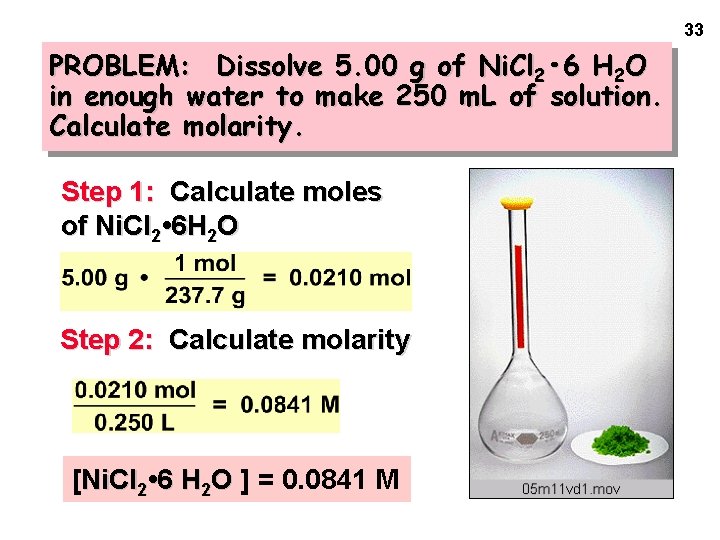 33 PROBLEM: Dissolve 5. 00 g of Ni. Cl 2 • 6 H 2