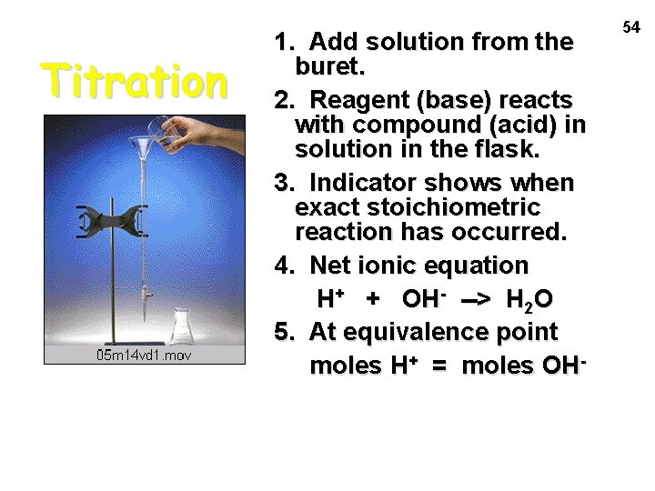 Titration 1. Add solution from the buret. 2. Reagent (base) reacts with compound (acid)
