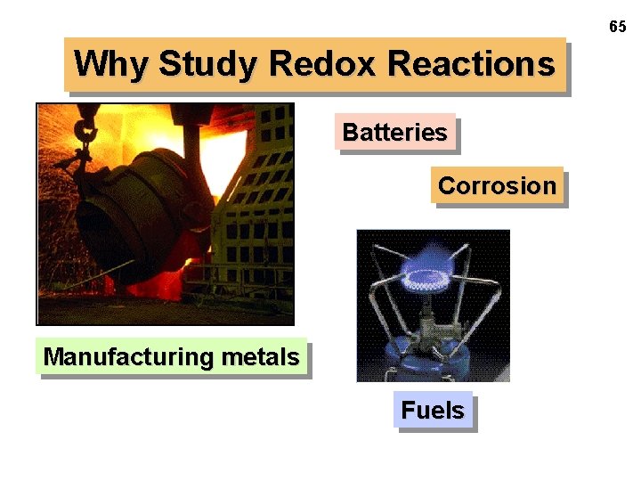 65 Why Study Redox Reactions Batteries Corrosion Manufacturing metals Fuels 