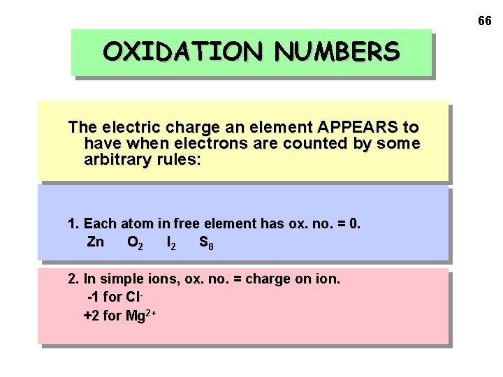 66 OXIDATION NUMBERS The electric charge an element APPEARS to have when electrons are