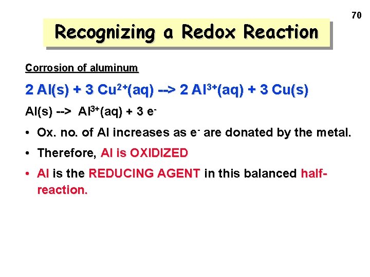 Recognizing a Redox Reaction 70 Corrosion of aluminum 2 Al(s) + 3 Cu 2+(aq)