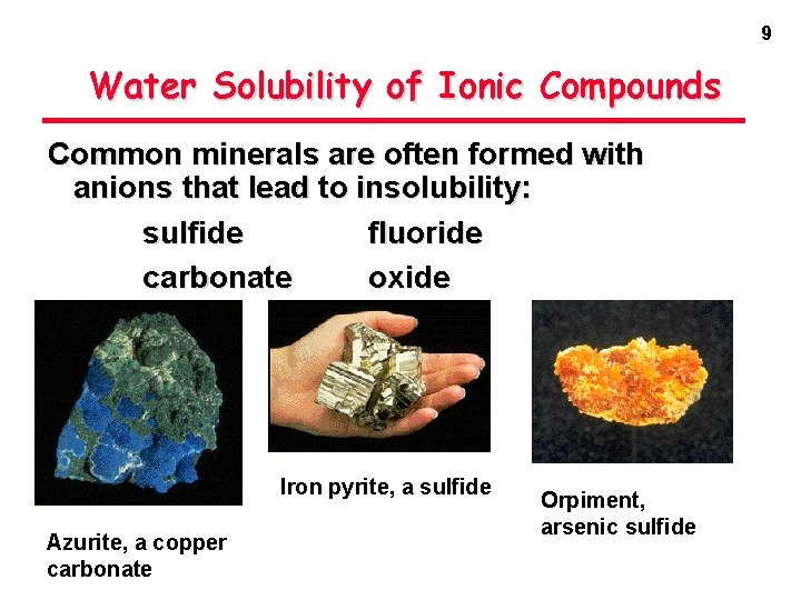 9 Water Solubility of Ionic Compounds Common minerals are often formed with anions that