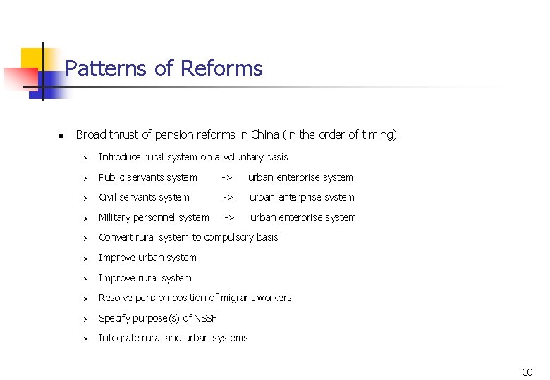 Patterns of Reforms n Broad thrust of pension reforms in China (in the order