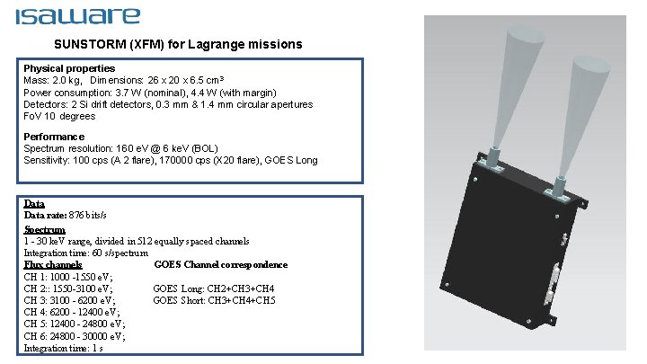 SUNSTORM (XFM) for Lagrange missions Physical properties Mass: 2. 0 kg, Dimensions: 26 x