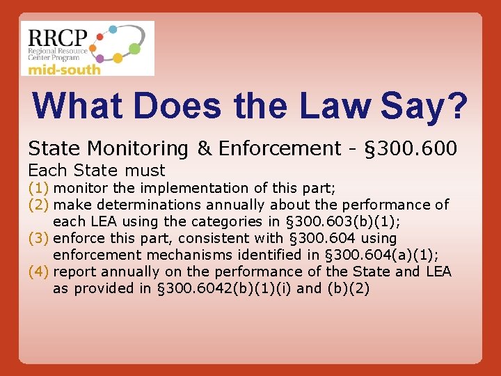 What Does the Law Say? State Monitoring & Enforcement - § 300. 600 Each