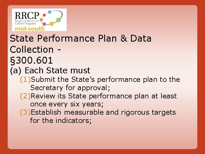 State Performance Plan & Data Collection § 300. 601 (a) Each State must (1)Submit