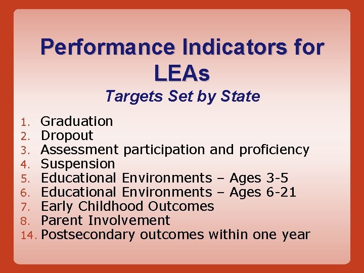 Performance Indicators for LEAs Targets Set by State 1. Graduation 2. Dropout 3. Assessment