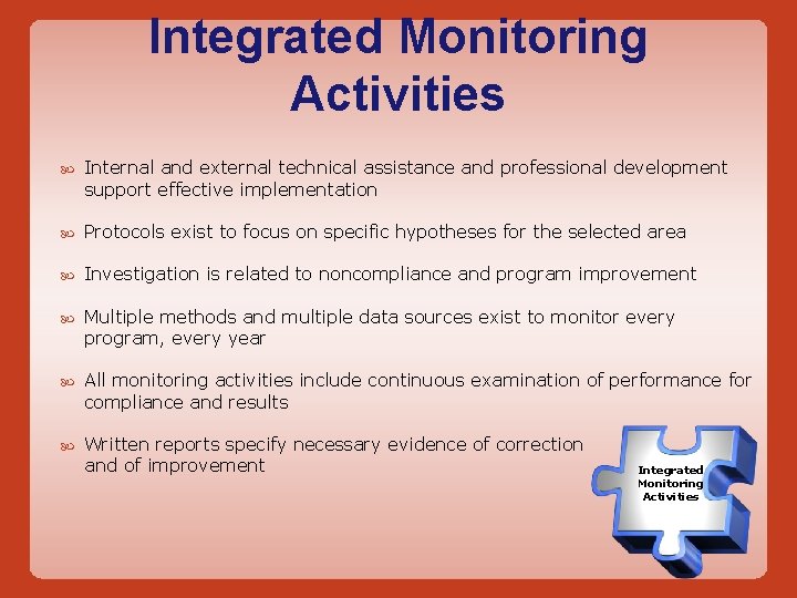 Integrated Monitoring Activities Internal and external technical assistance and professional development support effective implementation