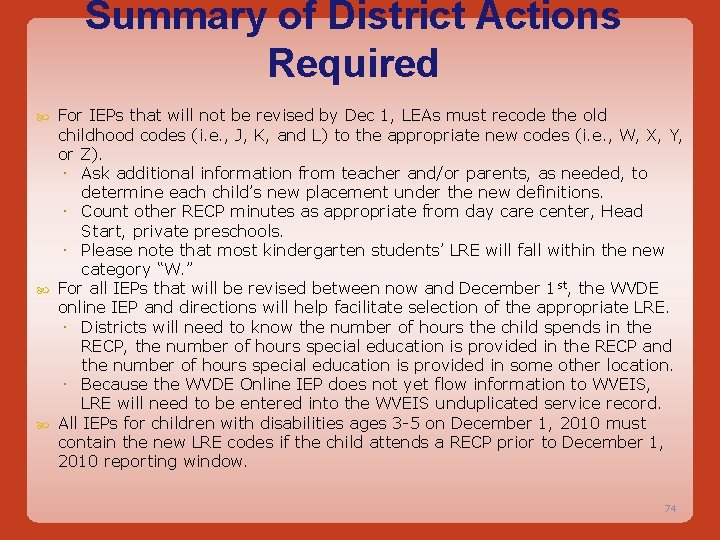 Summary of District Actions Required For IEPs that will not be revised by Dec