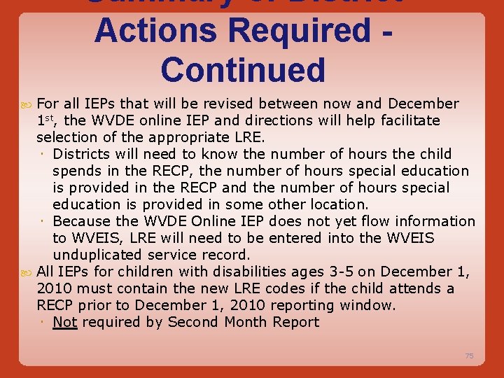 Summary of District Actions Required Continued For all IEPs that will be revised between