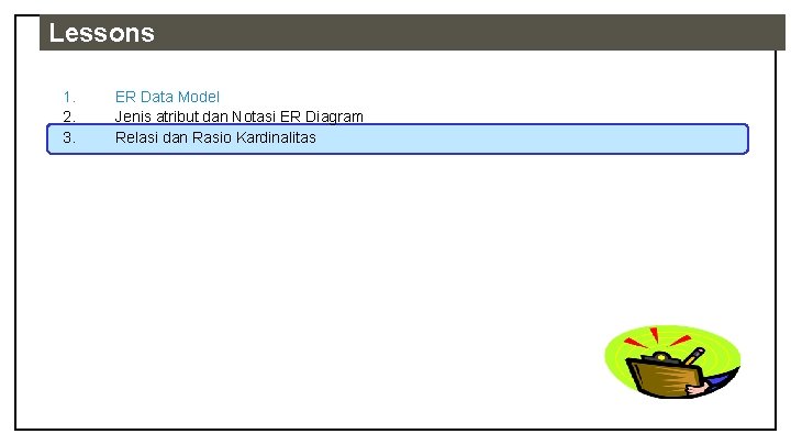 Lessons 1. 2. 3. ER Data Model Jenis atribut dan Notasi ER Diagram Relasi