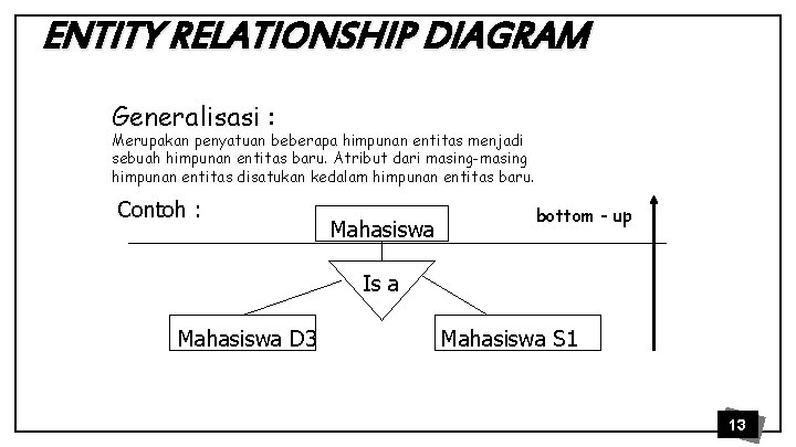 ENTITY RELATIONSHIP DIAGRAM Generalisasi : Merupakan penyatuan beberapa himpunan entitas menjadi sebuah himpunan entitas