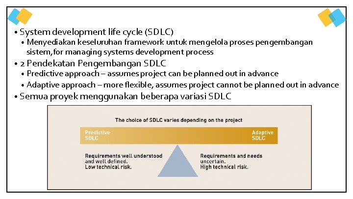  • System development life cycle (SDLC) • Menyediakan keseluruhan framework untuk mengelola proses