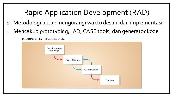 Rapid Application Development (RAD) 1. Metodologi untuk mengurangi waktu desain dan implementasi 2. Mencakup