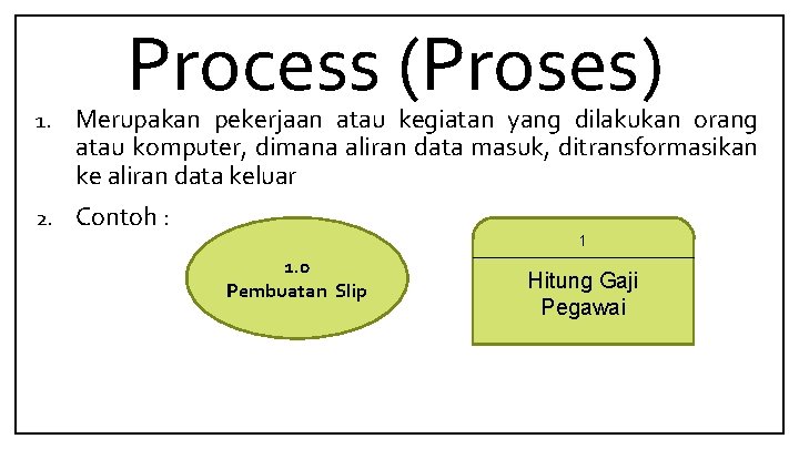 Process (Proses) 1. Merupakan pekerjaan atau kegiatan yang dilakukan orang atau komputer, dimana aliran