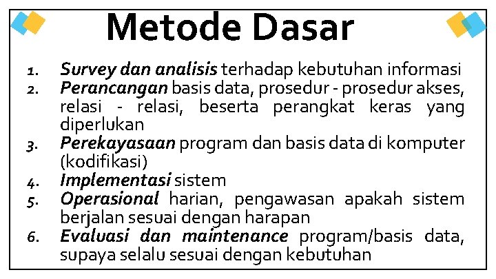 Metode Dasar 1. 2. 3. 4. 5. 6. Survey dan analisis terhadap kebutuhan informasi