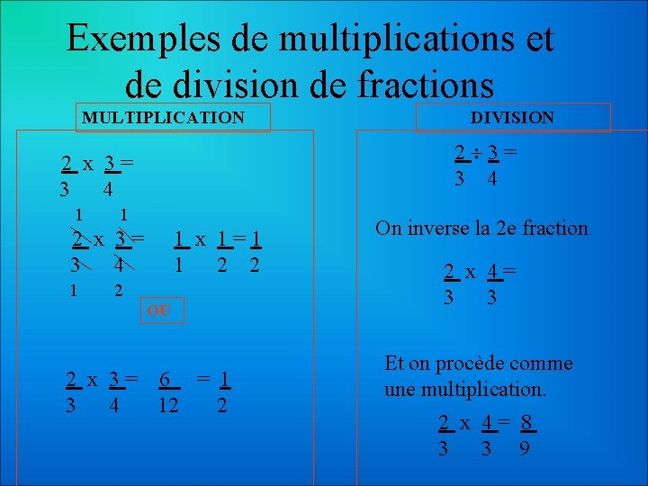 Exemples de multiplications et de division de fractions MULTIPLICATION 2 3= 3 4 2