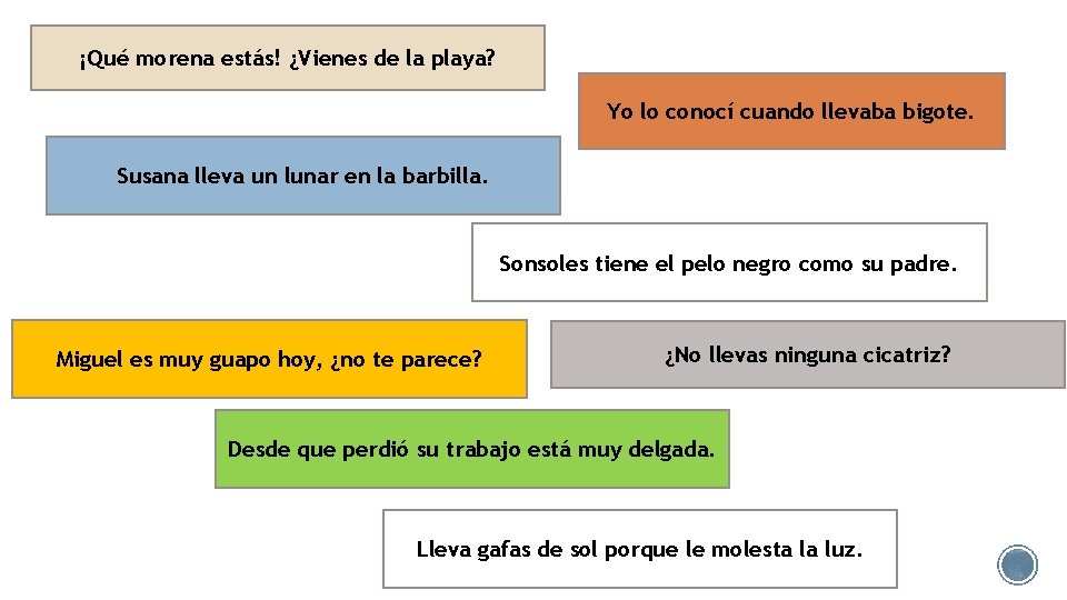 ¡Qué morena estás! ¿Vienes de la playa? Yo lo conocí cuando llevaba bigote. Susana