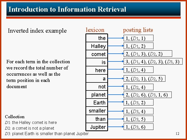 Introduction to Information Retrieval Inverted index example lexicon the Halley comet For each term