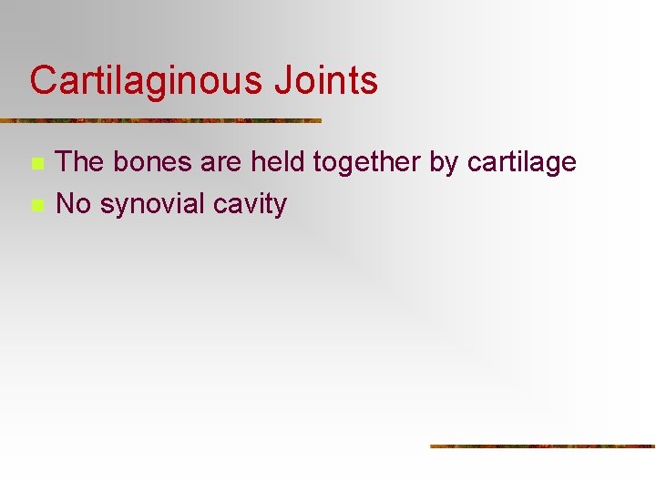 Cartilaginous Joints n n The bones are held together by cartilage No synovial cavity