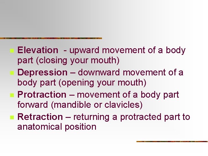 n n Elevation - upward movement of a body part (closing your mouth) Depression