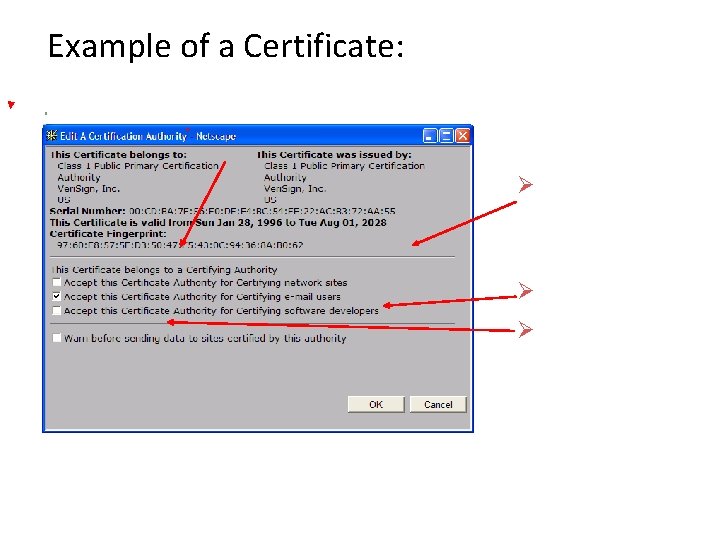 Example of a Certificate: Serial number (unique to issuer) info about certificate owner, including