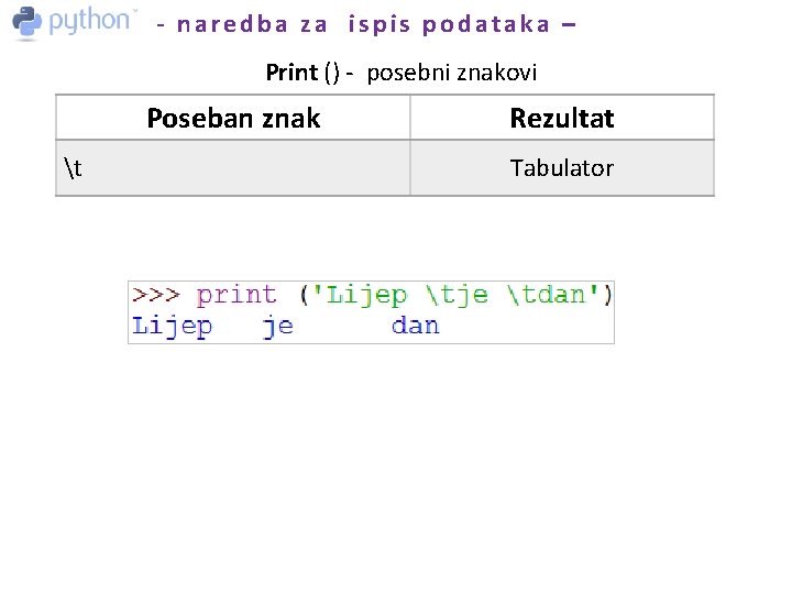 - naredba za ispis podataka – Print () - posebni znakovi Poseban znak t