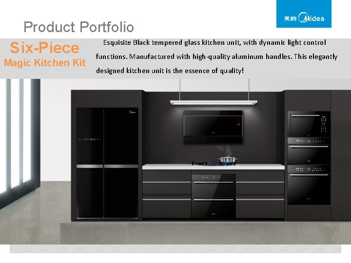 Product Portfolio Esquisite Black tempered glass kitchen unit, with dynamic light control Six-Piece functions.