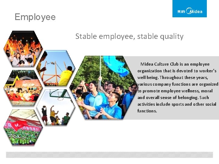 Employee Stable employee, stable quality Midea Culture Club is an employee organization that is