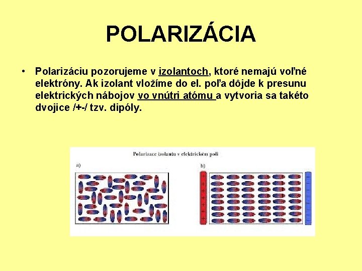 POLARIZÁCIA • Polarizáciu pozorujeme v izolantoch, ktoré nemajú voľné elektróny. Ak izolant vložíme do