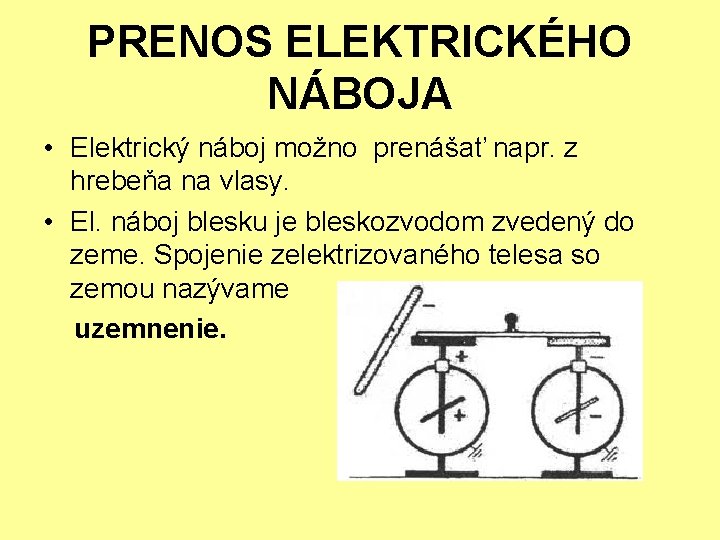 PRENOS ELEKTRICKÉHO NÁBOJA • Elektrický náboj možno prenášať napr. z hrebeňa na vlasy. •