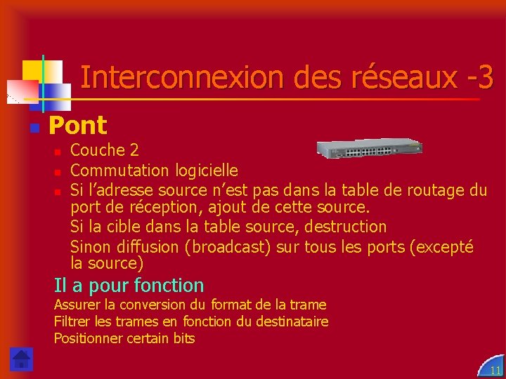 Interconnexion des réseaux -3 n Pont n n n Couche 2 Commutation logicielle Si