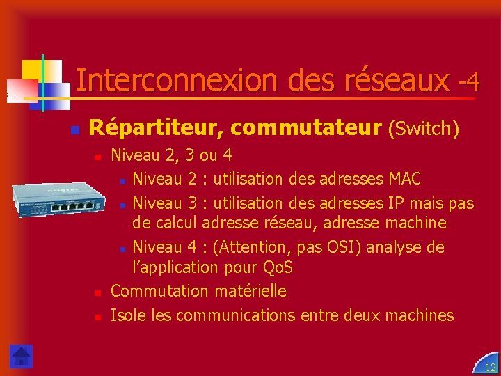 Interconnexion des réseaux -4 n Répartiteur, commutateur (Switch) n n n Niveau 2, 3