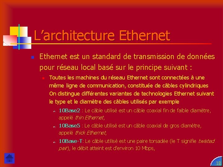 L’architecture Ethernet n Ethernet est un standard de transmission de données pour réseau local