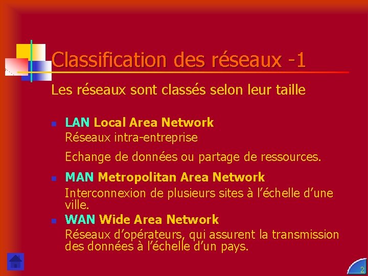 Classification des réseaux -1 Les réseaux sont classés selon leur taille n LAN Local