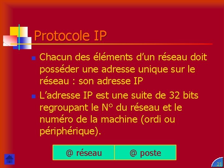 Protocole IP n n Chacun des éléments d’un réseau doit posséder une adresse unique
