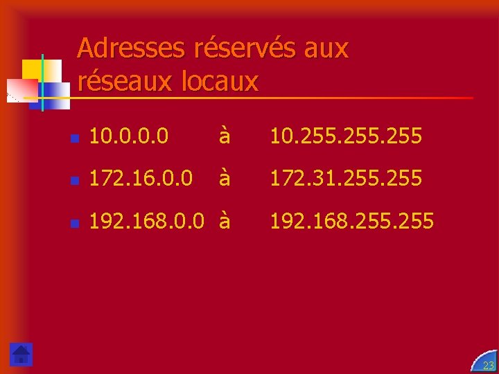 Adresses réservés aux réseaux locaux n 10. 0 à 10. 255 n 172. 16.