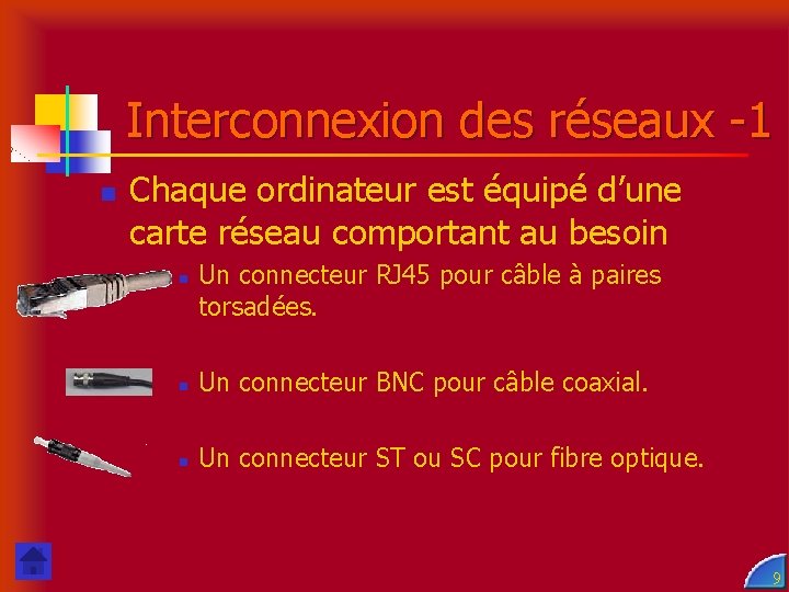 Interconnexion des réseaux -1 n Chaque ordinateur est équipé d’une carte réseau comportant au