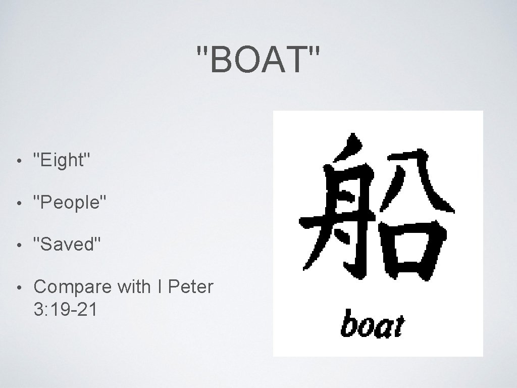 "BOAT" • "Eight" • "People" • "Saved" • Compare with I Peter 3: 19