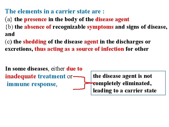 The elements in a carrier state are : (a} the presence in the body