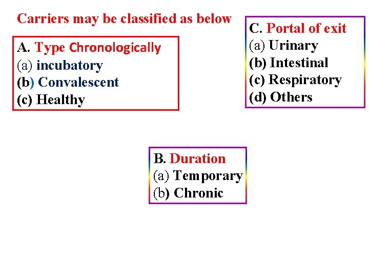 Carriers may be classified as below A. Type Chronologically (a) incubatory (b) Convalescent (c)