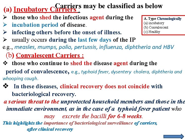 Carriers may be classified as below (a) Incubatory Carriers : Ø those who shed