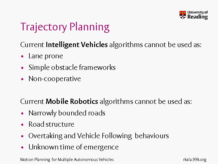 Trajectory Planning Current Intelligent Vehicles algorithms cannot be used as: • Lane prone •