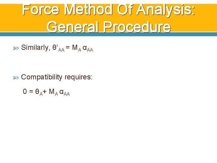 Force Method Of Analysis: General Procedure Similarly, θ’AA = MA αAA Compatibility requires: 0 Force Method Of Analysis: General Procedure Similarly, θ’AA = MA αAA Compatibility requires: 0