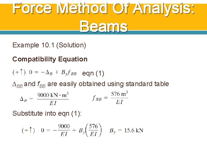 Force Method Of Analysis: Beams Example 10. 1 (Solution) Compatibility Equation eqn (1) ∆BB Force Method Of Analysis: Beams Example 10. 1 (Solution) Compatibility Equation eqn (1) ∆BB