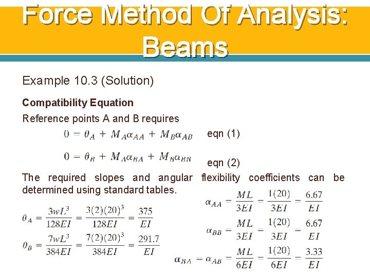Force Method Of Analysis: Beams Example 10. 3 (Solution) Compatibility Equation Reference points A Force Method Of Analysis: Beams Example 10. 3 (Solution) Compatibility Equation Reference points A