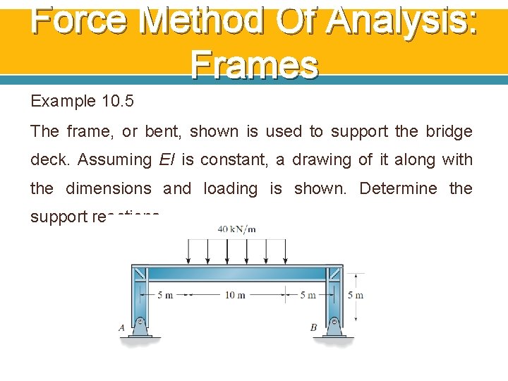 Force Method Of Analysis: Frames Example 10. 5 The frame, or bent, shown is Force Method Of Analysis: Frames Example 10. 5 The frame, or bent, shown is