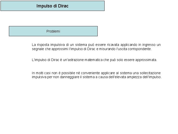 Impulso di Dirac Problemi La risposta impulsiva di un sistema può essere ricavata applicando
