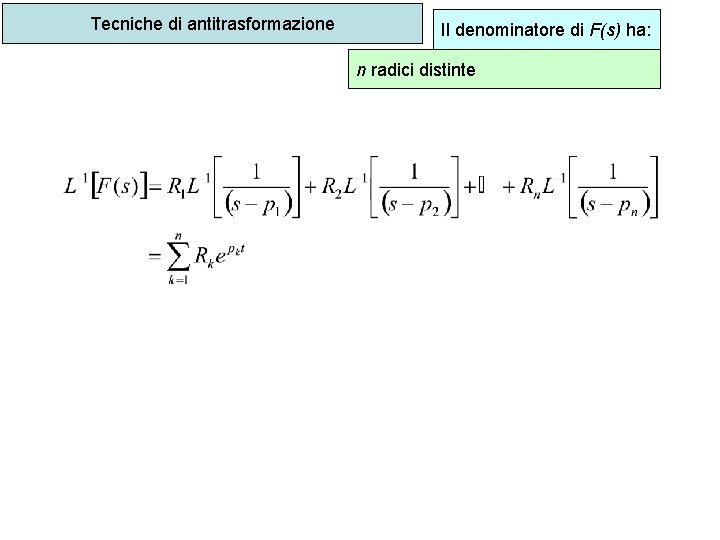 Tecniche di antitrasformazione Il denominatore di F(s) ha: n radici distinte 